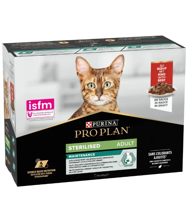    - High-protein cat food  Purina Pro Plan Sterilised Wet Cat Food, Beef in Gravy, 85gx10