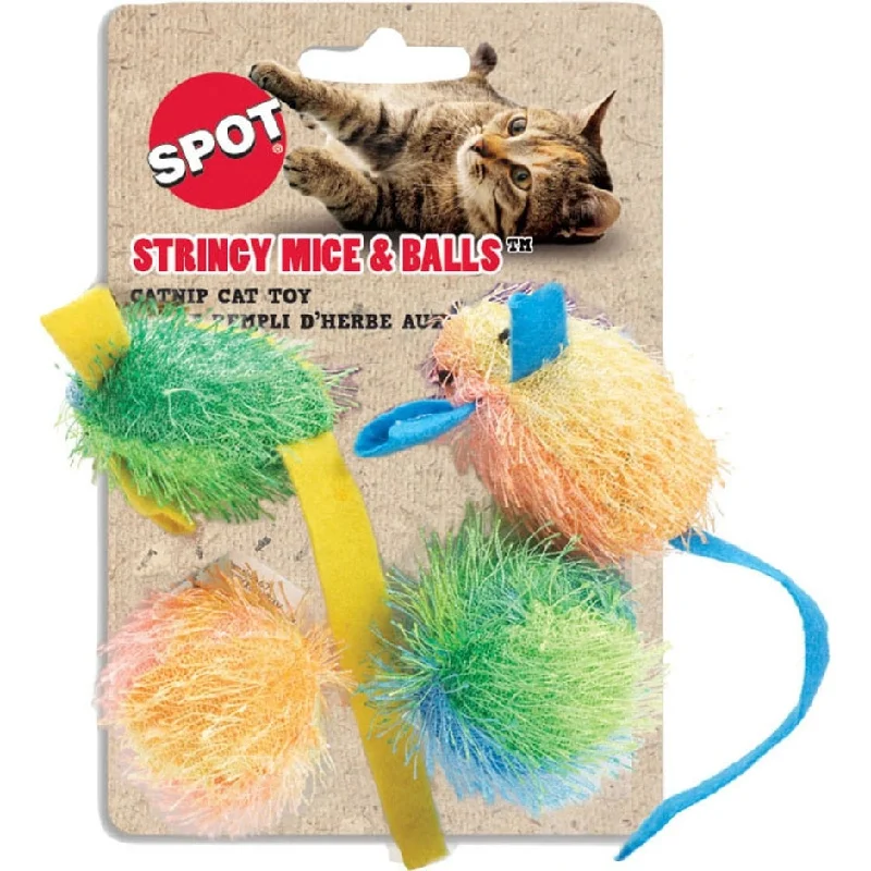 SPOT STRINGY MICE & BALL W/CATNIP (2 IN-4 PK, ASSORTED)