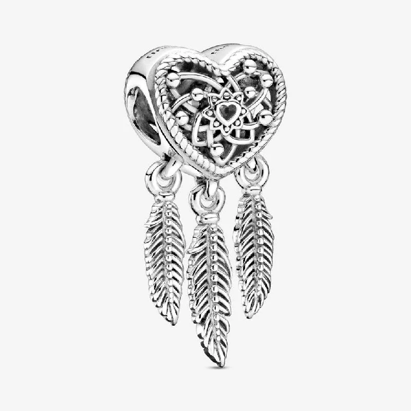 PANDORA : Openwork Heart & Three Feathers Dreamcatcher Charm