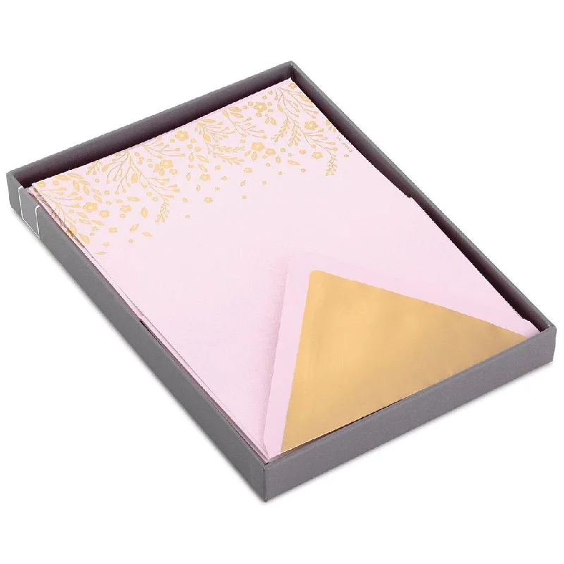 Hallmark : Gold Floral on Pink Stationery Set, Box of 20