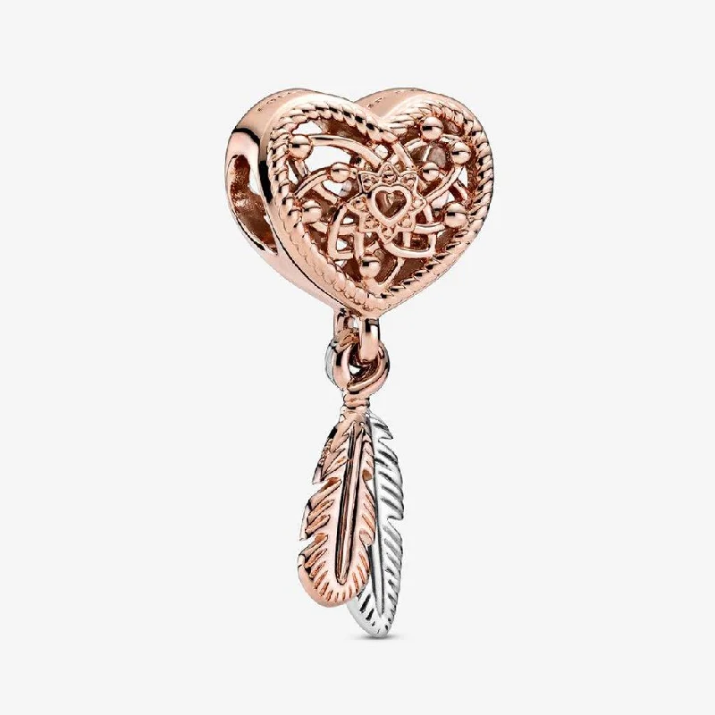 PANDORA : Openwork Heart & Two Feathers Dreamcatcher Charm