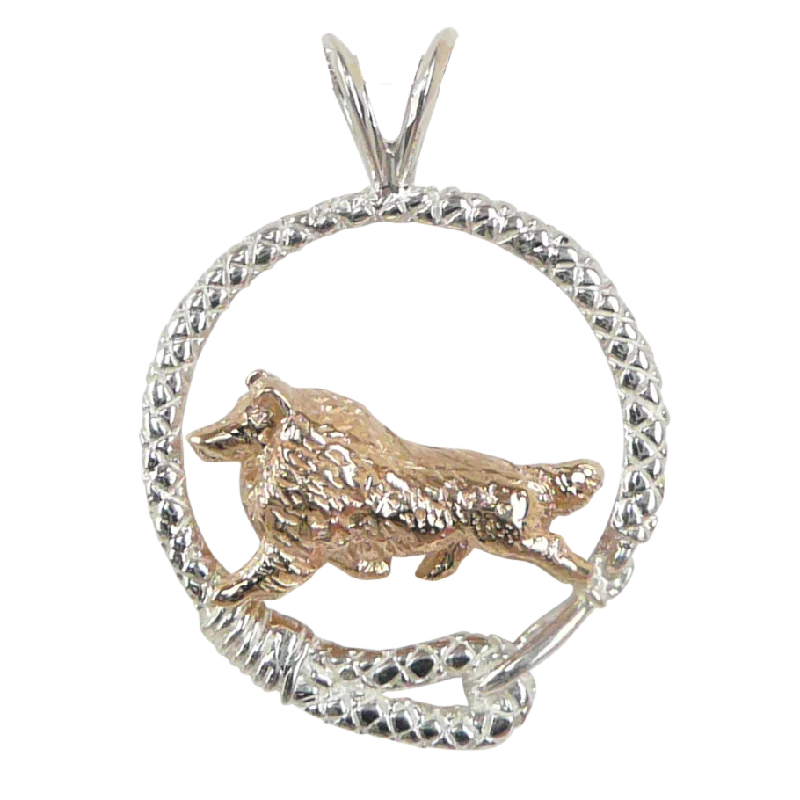 Solid 14K Gold Shetland Sheepdog in Sterling Silver Leash Pendant