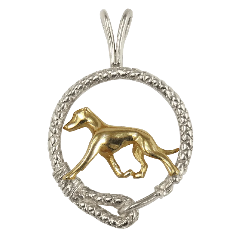 Solid 14K Gold Greyhound in Sterling Silver Leash Pendant