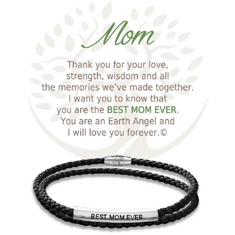 Earth Angel : Mom Black Leather Bracelet