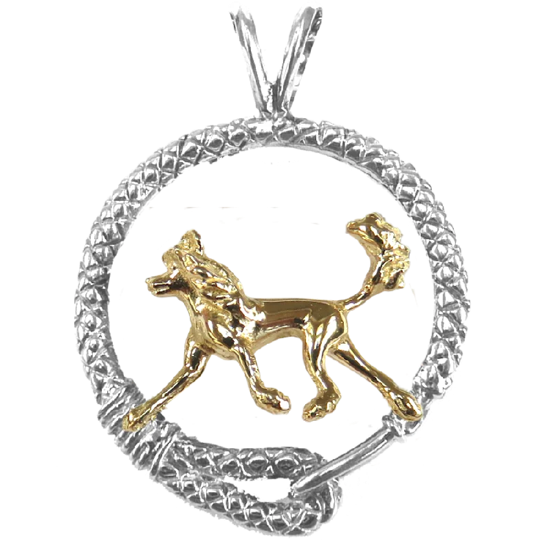 Chinese Crested Dog in Solid 14K Gold and Sterling Silver Leash Pendant